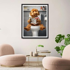 QINRUBB DIY Puppy Reading Newspaper Diamond Painting Kits, Full Drill Toilet Diamond Art Kit for Adults Beginners, 5D Painting by Numbers Cross Stitch DIY Craft Kits for Home Wall Decor 12x16 inch