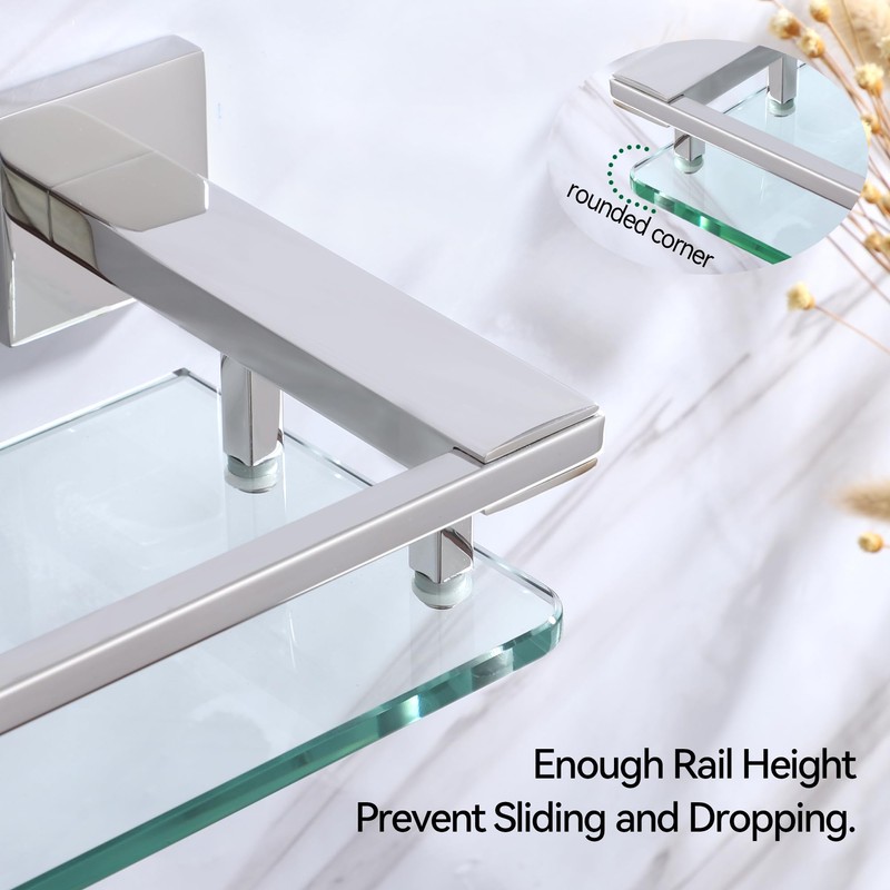 LANC Chrome Bathroom Shelf Glass Shelves 20-Inch Floating Tempered Glass