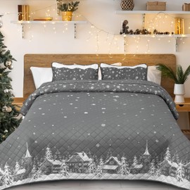 Invoibler Christmas Quilt Set Queen 3 Piece Snowflake Christmas Tree Bedding Set Grey Winter Village Pattern Bedspread Coverlet Reversible Xmas Holiday Quilt (1 Quilt, 2 Pillow Shams)