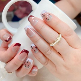 French Press on Nails Short Square Red Acrylic Nails Light Gel Fake Nails with Designs Cherry Full Cover Glue on Nails Removable Artificial Stick on Nails for Women 24 Pcs