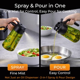 COOLMI Oil Sprayer for Cooking, 2 in 1 Olive Oil Dispenser Bottle Set for Kitchen, Food-Grade Glass Green Oil Vinegar Bottle Container - 16OZ/470ML Set of 2 (Black)