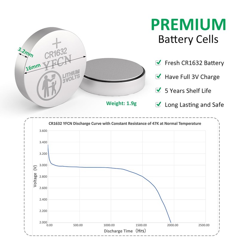 YFCN CR1632 Battery 3V Lithium Battery 10 Count Pack CR1632