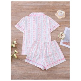WDIRARA Women's 2 Piece Bow Cherry Print Pajama Set Short Sleeve Button Down Shorts Sleepwear Pjs Bow Pink Large
