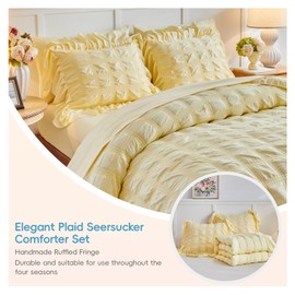 Flysheep Yellow Plaid Seersucker Comforter Set with Ruffled Fringe Queen Size, 3 Pieces Lightweight Soft Fluffy Farmhouse Bedding Set for All Season, Elegant Bed Set with Ruffle Shams (Yellow, Queen)