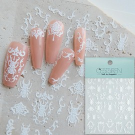 CESTSIREN White Beetle Nail Art Stickers, 5D Embossed Coquette Nail Decals, for Nail Art Design, Self-Adhesive, Nail Accessories for Women