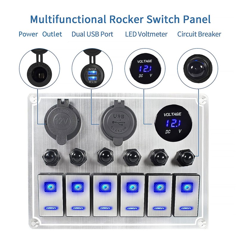 Rocker Switch Panel 8 Gang 12‑24V 5 Pin Blue Light
