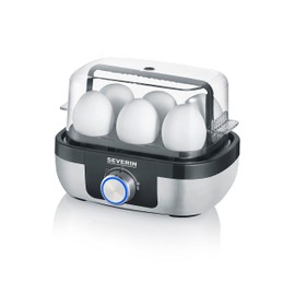 SEVERIN EK 3167 Egg Cooker for 6 Eggs with Electronic Cooking Time Monitoring Including Measuring Cup with Egg Cutter Egg Cooker with Poaching Insert Brushed Stainless Steel / Black 420 W
