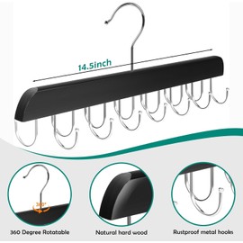 Pack of 2 Belt Storage Belt Organiser Belt Holder Hanger Wooden Belt Hanger for Cupboard with 14 Hooks 360° Rotatable 37 x 13.5 x 1.2 cm for Belts, Tank Tops, Scarves, Bras, Bags