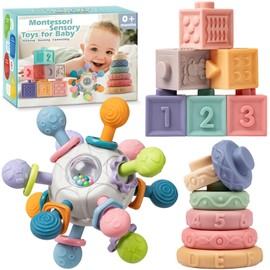 Baby Sensory Teething Toys Set, Montessori Baby Toys 6-12 Months, Incl Newborn Rattle Teether & Baby Blocks & Soft Stacking Rings, Ideal Babies Boy Girl Gifts, Infant Toys 0-3-6-9-12-18 Month