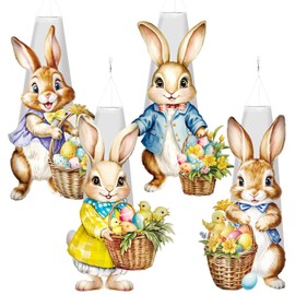 Moucuny 4 Pcs Easter Bunny Hanging Windsocks Outdoor Decorations Cute Rabbit Wind Socks Waterproof Wind Spinner for Easter Party Yard Garden Patio Lawn Outside Decor