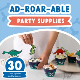 Dinosaur Cupcake Toppers & Dinosaur Cupcake Wrappers | Cartoon Dino Cupcake Toppers & Cupcake Liners (30 of Each) | Cute Dinosaur Birthday Decorations for Birthday Party, Baby Shower, Gender Reveal