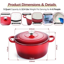 E-far Dutch Oven Pot with Lid, 5 Quart Enameled Cast Iron Round Dutch Oven Stockpot for Bread Baking/Braising/Cooking/Roasting/Stewing, Heavy Duty Nonstick Cookware Safe for Induction & Oven - Red
