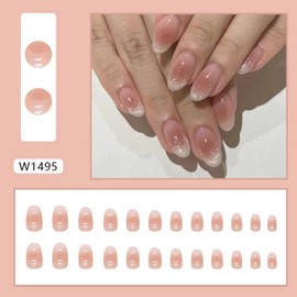 KAVI' S 24pcs French Tip Stick on Nails Cat Eye Press on Nails Nude Gradient Glitter Fake Nails Short Almond Acrylic False Nails Jerry Glue for Women Girls Nail Art