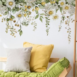 Condessacity Tropical Green Leaves Stylish Daisy Flower Wall Sticker Ceiling Hanging Plants Wallpaper Sticker Removable Scandinavian Wall Paper Waterproof Wall Sticker Decoration Living Room Bedroom