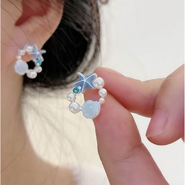 Xmsrn Vintage Blue Shell Earrings Shell Pearl Stud Earrings Scallop Stud Earrings Blue Starfish Earrings Jewelry for Women and Girls