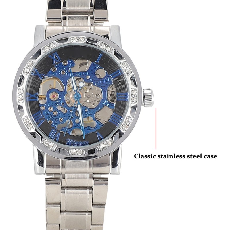 Fashion Waterproof Men Round Dial Hollow Automatic Wristwatch Mechanical Watch(Blue