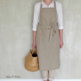 Linen & Cotton KAMI Kitchen Apron Cooking Apron for Women Men 100% Linen (70 x 100 cm), Natural/Beige - Bib Apron Baking Apron Bistro Apron for Kitchen Restaurant Cafe Bistro Bakery