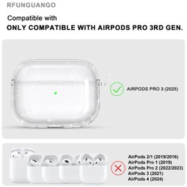 RFUNGUANGO Airpods Pro 第3世代 保護ケース ソフトTPU 透明 クリーニングキット付き キーチェーン付き AirpodsPro3 保護ケースに最適 男女兼用グリッターホワイト