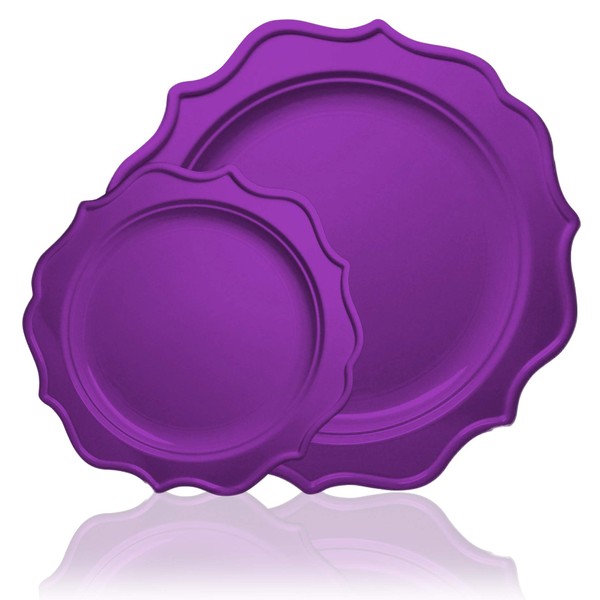 Tiger Chef 96-Pack Purple Color Round Scalloped Rim Disposable Plastic Plate Set for 48 Guests Includes 48 10-Inch Dinner Plates, 48 8-Inch Salad Plates - BPA-Free