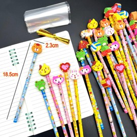 JZK 24 x School HB Pencils Set with Eraser Animals, Flowers, Sun, Butterfly etc, for Birthday Party Bag, Children's Party Favour