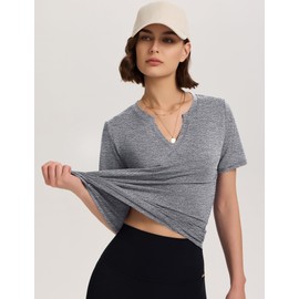 TCOT Short Sleeve Workout Tops for Women Athleisure Running T Shirts V Neck Loose Fit Exercise Yoga Top Light Grey XL