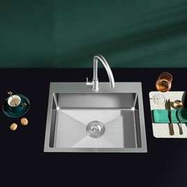 MENATT 23-inch Single Hole Single Bowl Kitchen Sink Drop in, 18 Gauge 304 Stainless Steel Handmade Topmount/Drop In Kitchen Sinks with 9" Deep Bowl Sink, Brushed