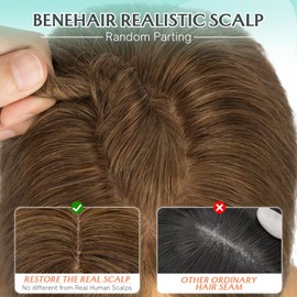 Benehair 100% Remy Human Hair Toppers for Women, 9 * 12CM Silk Base Hairpieces With Bangs 150% Density for Thinning Hair Medium Brown 14 Inch