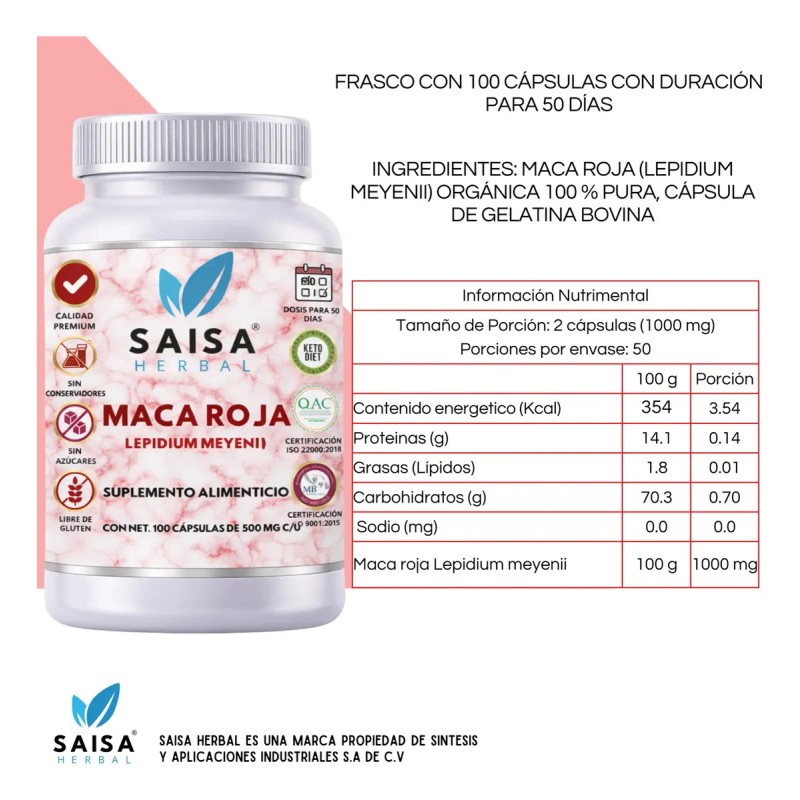 Maca Roja Orgánica 100 Pura Cápsulas Suplemento Alimenticio Saisa Herbal