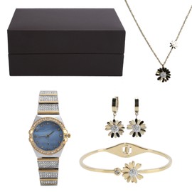 Earrings Shining Watch Bracelet Necklace Women Jewelry Set Anniversary Birthday Gift SetGold