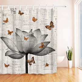 RnnJoile Lotus Shower Curtain Set Cloth Grey Flower and Butterfly Bath Curtain Zen Floral Bathroom Decor with Hooks 72"×72" Retro Newspaper Background