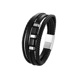 PiercingJak Men's Bracelet Men's Leather Bracelet Braided Black Genuine Leather Wrap Stainless Steel Beads Charm Jewellery Father's Day Gifts for Man Dad, 22 cm