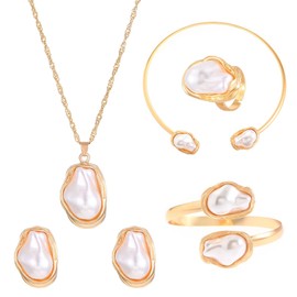 HETICA Baroque Pearl 5 Pieces Pendant Necklace Ring Earrings Bracelet Irregular Pearl Jewelry Set Gift Suitable for Women