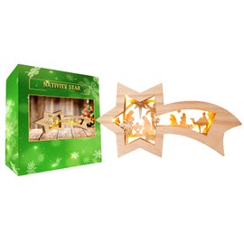 USA SUPREME Christmas Nativity Scene 3D Wooden Falling Star Decoration Centerpiece Ornament for Table Top and Holidays Christmas Tree with Lights