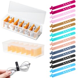 Cable Tidy Box with Lid, 2 Pcs Cable Tidy Management Box with 7 Compartments and 16 Cable Ties Reusable, Storage Box for Chargers and Power Strips