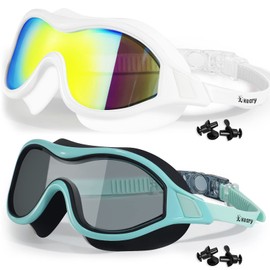 Keary 2 Pack Anti-Fog Swimming Goggles for Adult Men Women Youth - UV Protection No-Leak Mirror Big Frame Clear Vision Pool Water Glasses, Adults Underwater Mask with Clip on Back