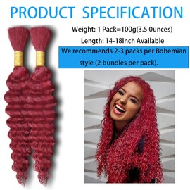 Burgundy Human Braiding Hair 16 Inch 100 g 2 Bundle Deep Water Wave Bulk Human Hair for Braiding Curly Human Hair for Boho Braids Wet and Wavy Human Hair Extensions No Weft Micro Braiding Hair