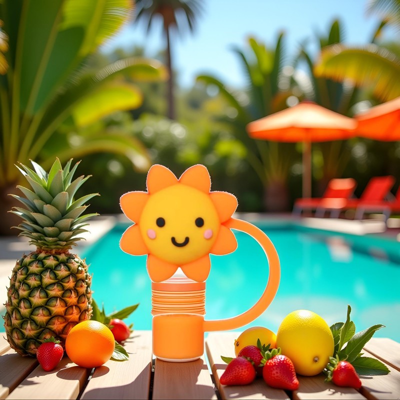 Orange Sun Straw Cover Cap Reusable Silicone Straw Toppers Drinking