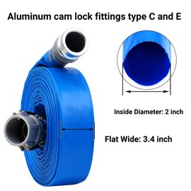 Water Pump Discharge Hose 2" x 100ft With Aluminum Camlock C & E Fittings, PVC Lay Flat Hose Cam Lock Fitting Type A included, Heavy Duty Reinforced Pool Pump Backwash Hose Assembly
