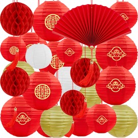 Renbuzhu 25Pcs Chinese Lunar New Year Decorations 2026 Red Paper Lanterns Fan Honeycomb Balls Hanging for Vietnamese TET Japanese Hibachi Mid Autumn Festival Party Home Decor