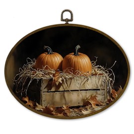 nvucamd Vintage Fall Pumpkin Oval Wall Art Decor Framed, Farmhouse Autumn Pumpkin Canvas Prints Wall Art, Rustic Fall Hanging Decor for Bathroom Bedroom Living Room Kitchen, 11.3x8.7 Inches