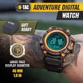 M-Tac Adventure Digital Watch for Men - Rugged Tactical Style with Multi Functional LED Display - Outdoor 3 ATM Water Resistant, Black/Orange, Tactical