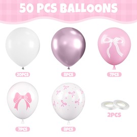 Pink Bow Balloons, 50Pcs 12 Inches Metallic Light Pastel Pink White Balloons, Princess Bow Print Decorations for Women Girls Wedding Anniversary Engagement Bachelorette Bridal Baby Shower Supplies