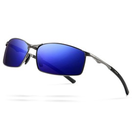 SUNGAIT Ultra Lightweight Polarized Sunglasses Men Rectangular Metal Frame with Spring Hinge, Gunmetal Frame Ocean Blue Mirrored Lens