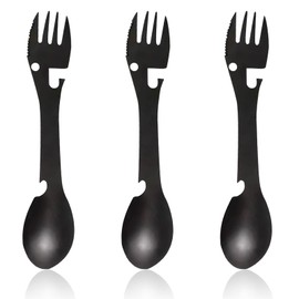 Travel Cutlery - Premium Titanium Spork Reusable- Portable Camping Cutlery Set,Bottle Can Opener Outdoor Spoon Fork Eating Multi-Tool Utensil (3PCS Black)