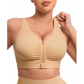 FeelinGirl Post Surgery Compression Bras for Women Mastectomy Bra No Underwire Zip Front Closure Bra with Adjustable Straps(Saddle Brown L)