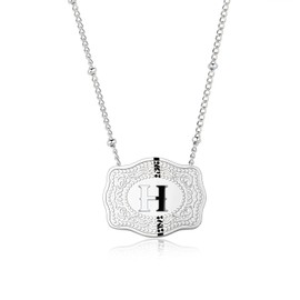 Holylegend Initial Letter Pendant Necklaces with Embossed Belt Buckle, Rhodium-Plated,Get 1 Free Chain (H)