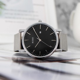 BUREI Stylish Men's Wristwatches, Minimalist Ultra-slim, Large Dial and Date, Stainless Steel Strap, silver