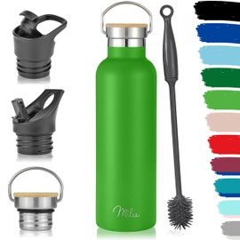 Milu Stainless Steel Drinking Bottle 350 ml 500 ml 750 ml 1000 ml (+ 3 Lids) Thermos Bottle with Straw, Insulated Water Bottle, Leak-Proof Insulated Flask, Double-Walled (Apple Green, 750 ml)