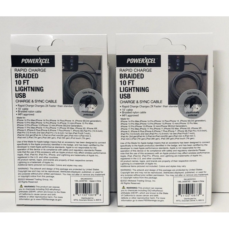 PowerXcel 2 pk PowerXcel Rapid Charge Braided USB Charge &