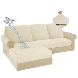 HDCAXKJ 100% Waterproof Sectional Couch Cushion Covers 6 Pieces L Shape Sectional Cover Stretch Chaise Sofa Seat Slipcover Jacquard Magic Sofa Cover (Light Beige, 2 Seater + 3 Backrest + 1 Chaise)